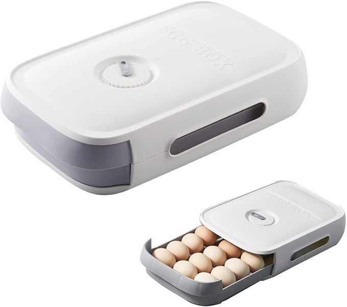 EGG HOLDER 1820 GRID REFRIGERATOR EGG TRAYS DRAWER TYPE EGG STORAGE BOX CONTAINER WITH DATE REMINDER FRESH FOR REFRIGERATOR 1PCSWHITEPLASTIC