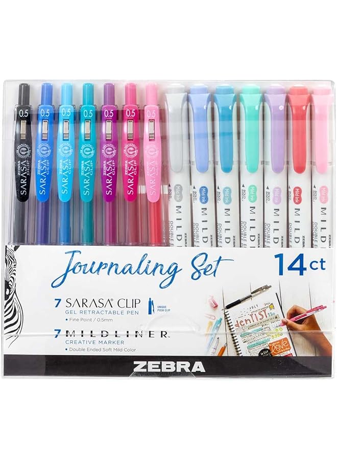 ZEBRA Pen Journaling Set Includes 7 Mildliner Highlighters And 7 Clip Retractable Gel Ink Pens Assorted Colors 14 Pack - Image 1