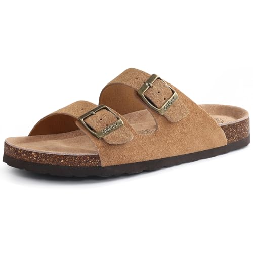 ODOLY Unisex Cork Footbed Slide Sandal, Arch Support Summer Outdoor Sandals with Adjustable Buckle for Women and Men, Yellow Brown Suede 36 (5-6 Women/4-4.5 Men) - Image 1