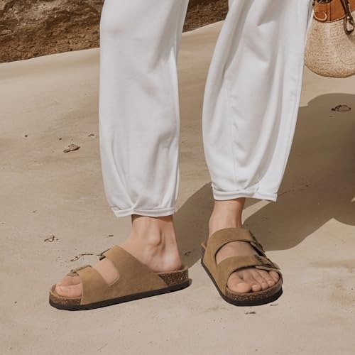 ODOLY Unisex Cork Footbed Slide Sandal, Arch Support Summer Outdoor Sandals with Adjustable Buckle for Women and Men, Yellow Brown Suede 36 (5-6 Women/4-4.5 Men) - Image 2