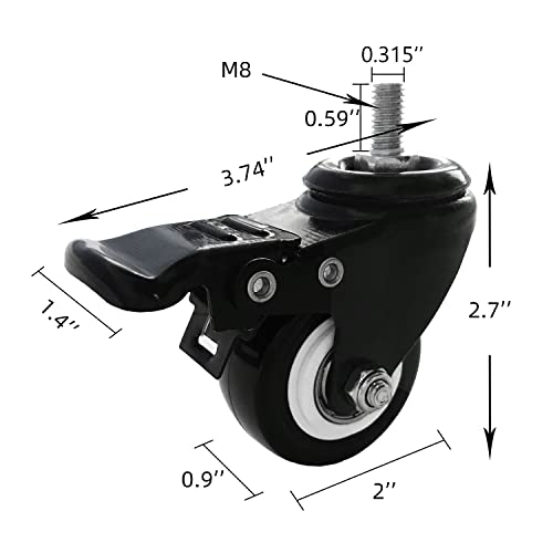 VWINDESK 2 inch M8(0.315'' Φ) 15mm Threaded Locking Caster Wheels, Set of 4, Swivel, Polyurethane PU Swivel Ball Casters with 360 Degree Top Plate 220lb Total Capacity, Brake, Used for Standing Desk - Image 3