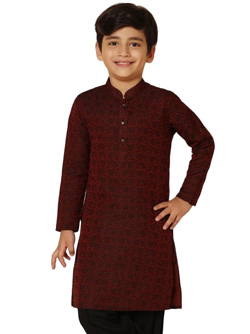 KISAH Boys Kurta - Jacquard Silk Blend Maroon Kurta for Kids - Regular Fit with Mandarin Collar,11-12Y - Image 2