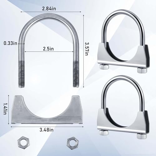 Datanly 2 Pcs 2-1/2" Exhaust Clamp Heavy Duty U-bolt Exhaust Clamp - Saddle Design Muffler Pipe Connector, Tip Hook Clip, Galvanized Iron, Fits 2.5" Od Pipes - Image 2