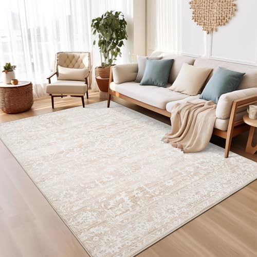 Soalmost 5x7 Area Rugs for Living Room, Beige Floral Washable Rugs for Dining Room, Bedroom, Home Office, Vintage Non-Slip Thin Rug - Image 1