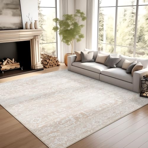 Soalmost 5x7 Area Rugs for Living Room, Beige Floral Washable Rugs for Dining Room, Bedroom, Home Office, Vintage Non-Slip Thin Rug - Image 2