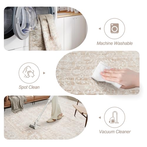 Soalmost 5x7 Area Rugs for Living Room, Beige Floral Washable Rugs for Dining Room, Bedroom, Home Office, Vintage Non-Slip Thin Rug - Image 4