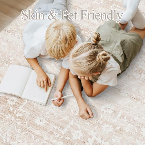 Soalmost 5x7 Area Rugs for Living Room, Beige Floral Washable Rugs for Dining Room, Bedroom, Home Office, Vintage Non-Slip Thin Rug - Image 5
