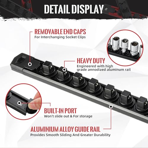 Reniteco Magnetic Socket Organizer, 1-Piece Heavty Duty Aluminum Socket Holder, Socket Rail for Tool Box, Premium Quality 360° Swivel Socket Rack with 14 Clips for 3/8-Inch(Black) - Image 3