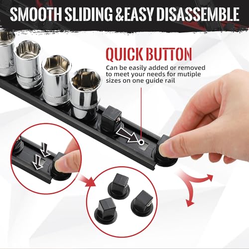 Reniteco Magnetic Socket Organizer, 1-Piece Heavty Duty Aluminum Socket Holder, Socket Rail for Tool Box, Premium Quality 360° Swivel Socket Rack with 14 Clips for 3/8-Inch(Black) - Image 4