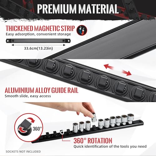 Reniteco Magnetic Socket Organizer, 1-Piece Heavty Duty Aluminum Socket Holder, Socket Rail for Tool Box, Premium Quality 360° Swivel Socket Rack with 14 Clips for 3/8-Inch(Black) - Image 5