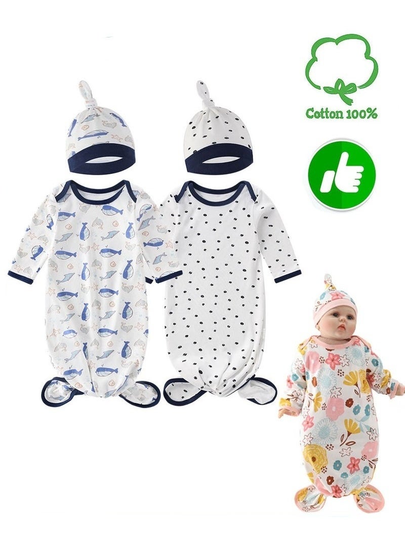 MIXDE 2PCS Newborn Knotted Gown with Hat Set, Newborn Nightgowns, Baby Swaddle Blanket, Newborn Wrap Cap Set, Infant Adjustable Sleep Sack, 100% Cotton Breathable and Skin-Friendly for 0-4 Months  - Image 1