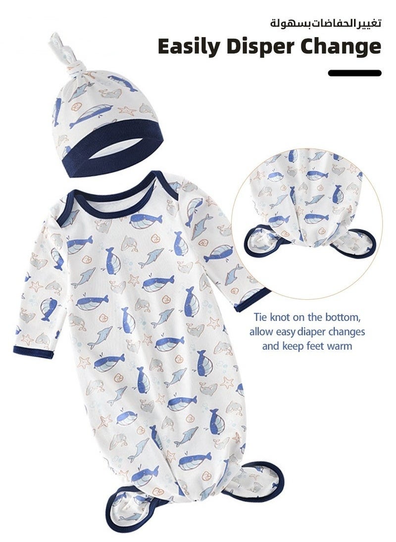 MIXDE 2PCS Newborn Knotted Gown with Hat Set, Newborn Nightgowns, Baby Swaddle Blanket, Newborn Wrap Cap Set, Infant Adjustable Sleep Sack, 100% Cotton Breathable and Skin-Friendly for 0-4 Months  - Image 5