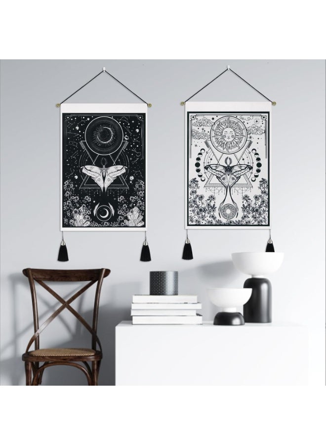 Beauenty 2 Pack Black and White Sun and Moon Tapestry, Aesthetic Moth and Flower Tapestries for Room Wall Hanging, Small Tapestries for Bedroom Decor, 13.8 x 19.7 Inches - Image 1
