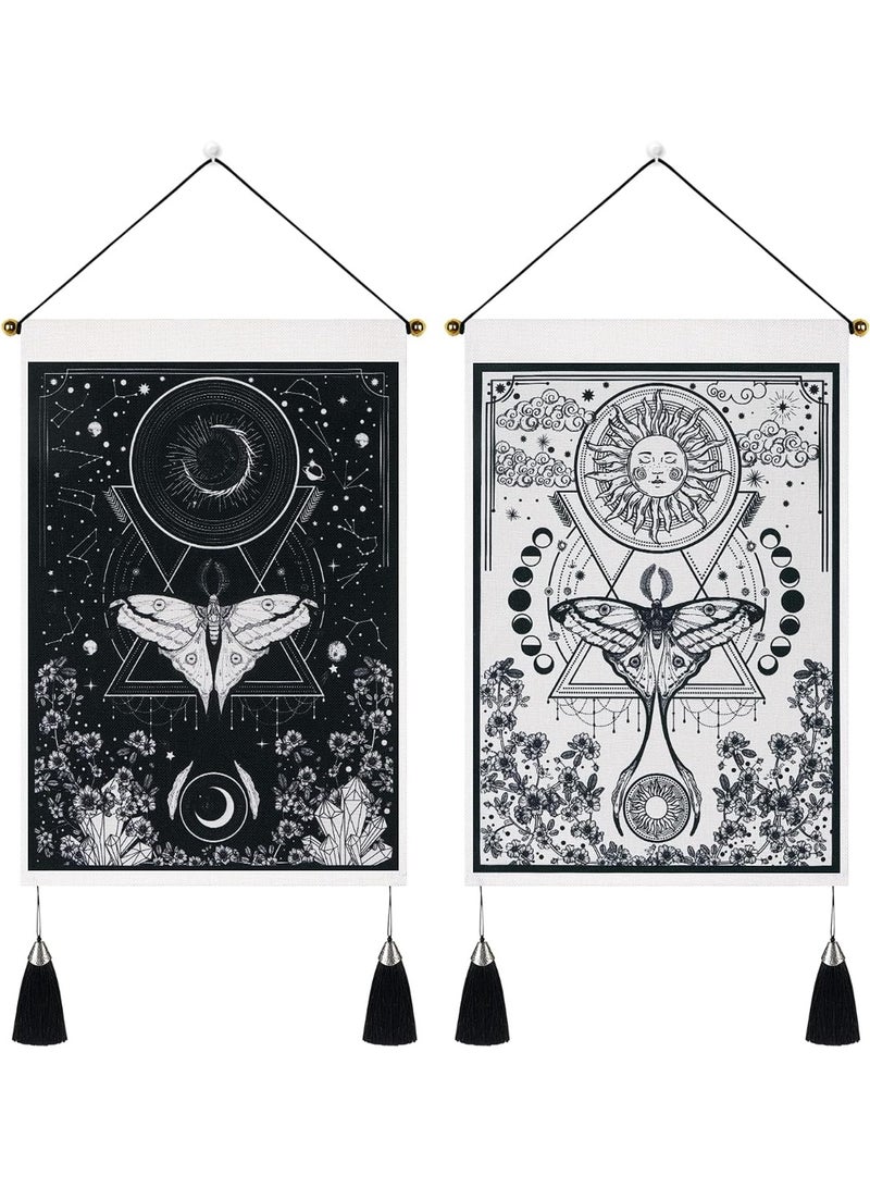 Beauenty 2 Pack Black and White Sun and Moon Tapestry, Aesthetic Moth and Flower Tapestries for Room Wall Hanging, Small Tapestries for Bedroom Decor, 13.8 x 19.7 Inches - Image 3