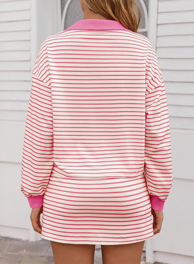 Fisoew Womens Striped 2 Piece Outfits Casual Sweatshirt Skirt Set Long Sleeve Skort Workout Set Matching Lounge Sets, Pink, XL - Image 5