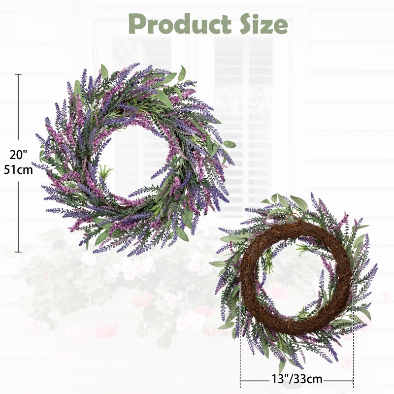 Briful Lavender Artificial Wreaths for Front Door, 20'' Spring Summer Faux Wreath for Indoor Outdoor Mantle Window - Image 2