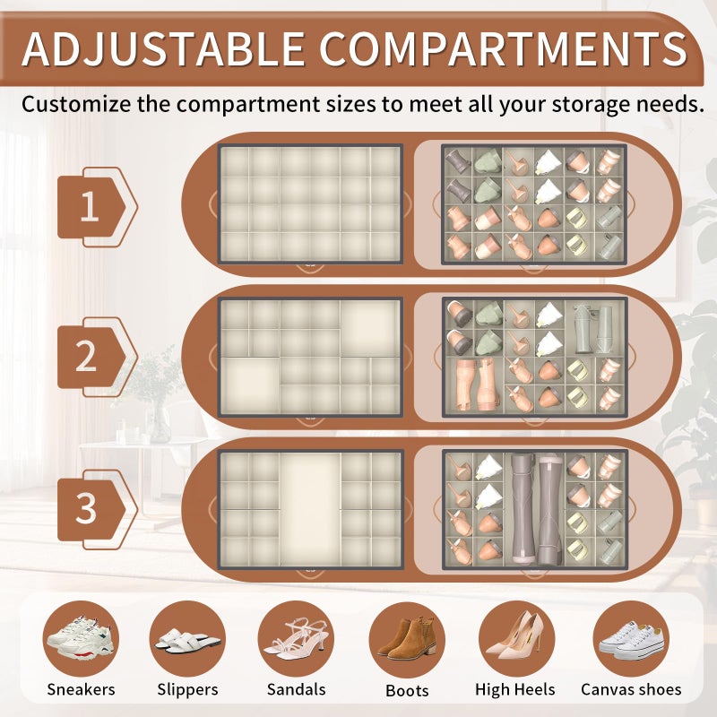 Foyego Shoe Organizer for Closet, Shoe Storage Organizer with Wheels and Adjustable Dividers, Stackable Shoe Storage Box with Clear Cover, Closet Shoe Organizer Fits up to 24-48 Pairs, Gray and Beige - Image 5