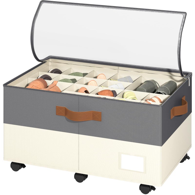 Foyego Shoe Organizer for Closet, Shoe Storage Organizer with Wheels and Adjustable Dividers, Stackable Shoe Storage Box with Clear Cover, Closet Shoe Organizer Fits up to 24-48 Pairs, Gray and Beige - Image 1