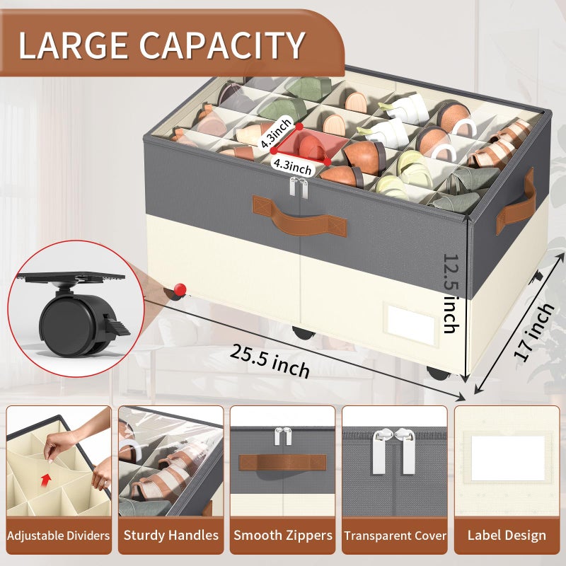 Foyego Shoe Organizer for Closet, Shoe Storage Organizer with Wheels and Adjustable Dividers, Stackable Shoe Storage Box with Clear Cover, Closet Shoe Organizer Fits up to 24-48 Pairs, Gray and Beige - Image 2