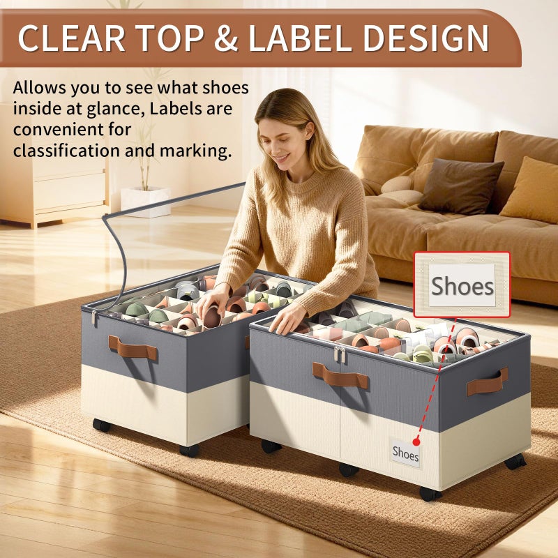 Foyego Shoe Organizer for Closet, Shoe Storage Organizer with Wheels and Adjustable Dividers, Stackable Shoe Storage Box with Clear Cover, Closet Shoe Organizer Fits up to 24-48 Pairs, Gray and Beige - Image 4