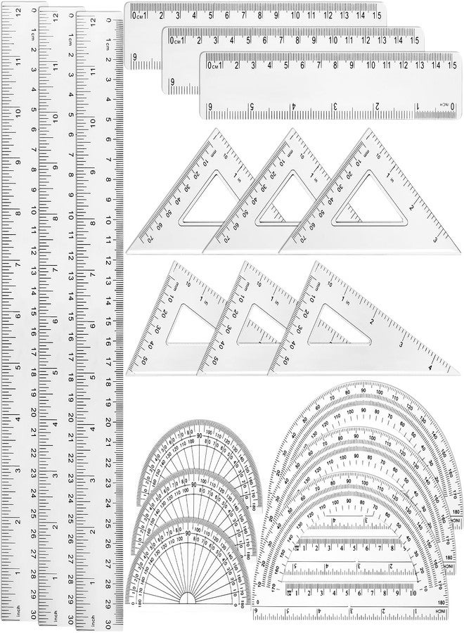 Tenare 18 Pcs Plastic Clear Math Set Includes Protractor Triangle Rulers 12 Inch 6 Inch Straight Geometry Math Transparent Ruler Measuring Tool for Office Home Supplies - Image 1