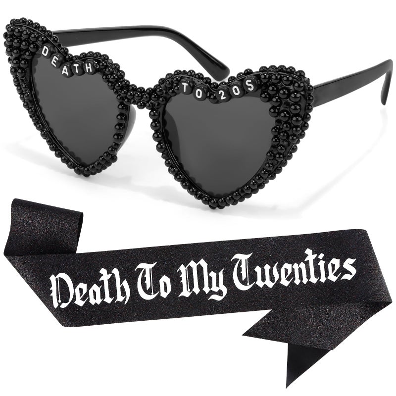 KICOSY Death to My 20s Birthday Set - Black Heart-Shaped Sunglasses Glasses & Glitter Sash Set, Farewell to the 20s, Fun 30th Birthday Decorations - Image 1