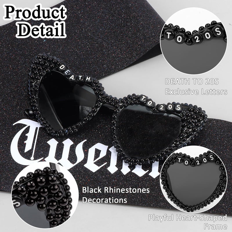 KICOSY Death to My 20s Birthday Set - Black Heart-Shaped Sunglasses Glasses & Glitter Sash Set, Farewell to the 20s, Fun 30th Birthday Decorations - Image 5