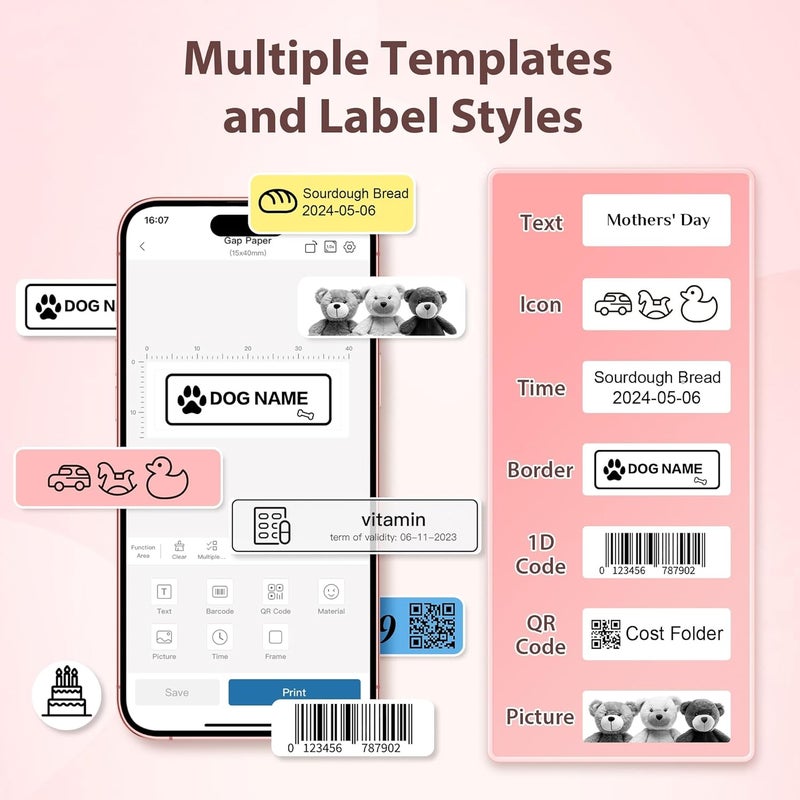 TYPONOS P21 Label Maker Machine with Tape, Label Printer Thermal Mini Label Makers with Built-in Cutter and Multiple Templates, Portable Printers for School, Office and Home Use (Pink) - Image 5