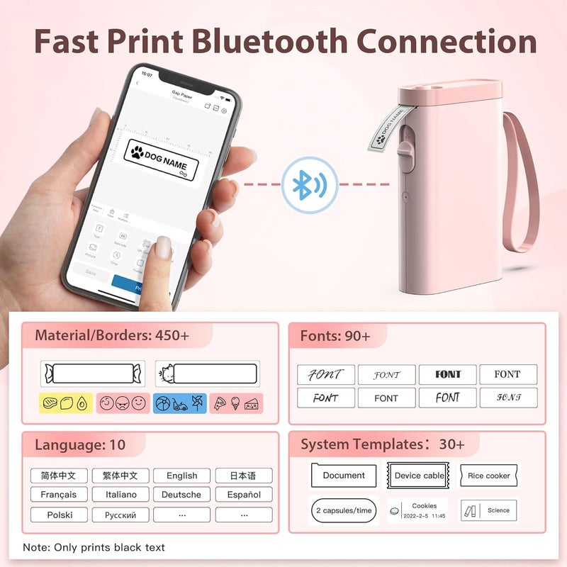 TYPONOS P21 Label Maker Machine with Tape, Label Printer Thermal Mini Label Makers with Built-in Cutter and Multiple Templates, Portable Printers for School, Office and Home Use (Pink) - Image 3