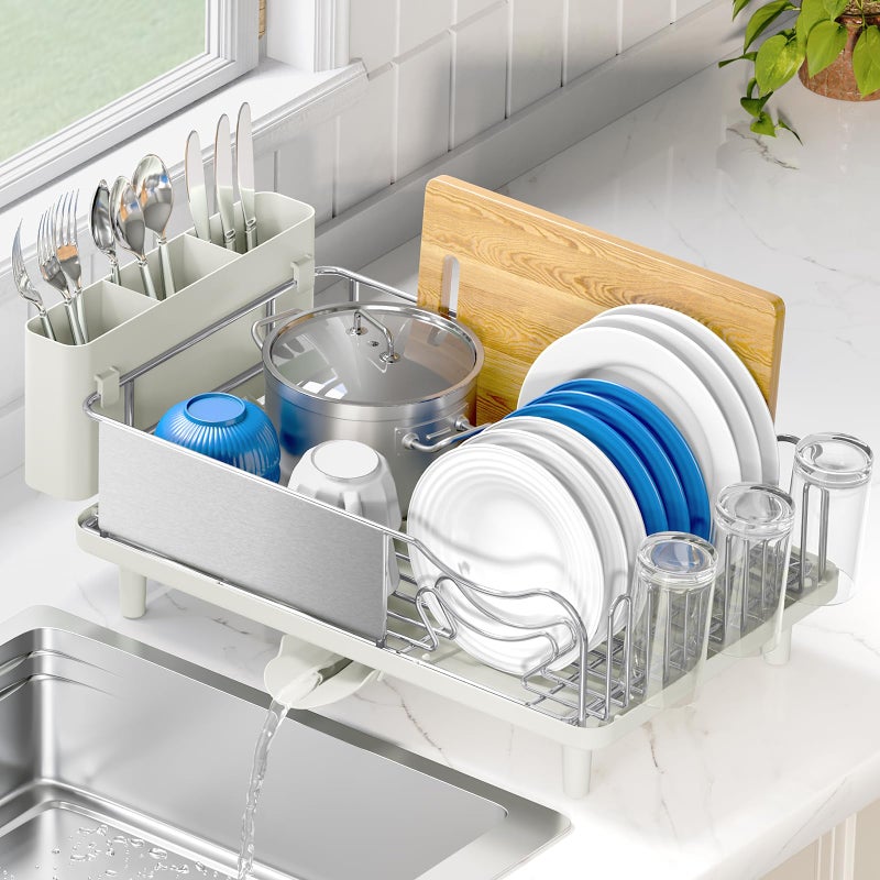 Urackify Stainless Steel Dish Drying Rack - Large Capcity 304 Grade Dish Drainer for Kitchen Counter with Drain Board, Utensil Holder & Detachable Cup Shelf, Rustproof Multifunctional Organizer, Light Green - Image 1