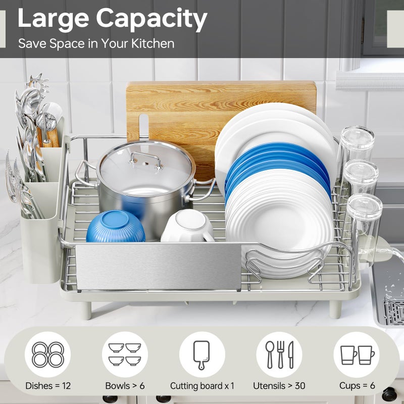 Urackify Stainless Steel Dish Drying Rack - Large Capcity 304 Grade Dish Drainer for Kitchen Counter with Drain Board, Utensil Holder & Detachable Cup Shelf, Rustproof Multifunctional Organizer, Light Green - Image 3