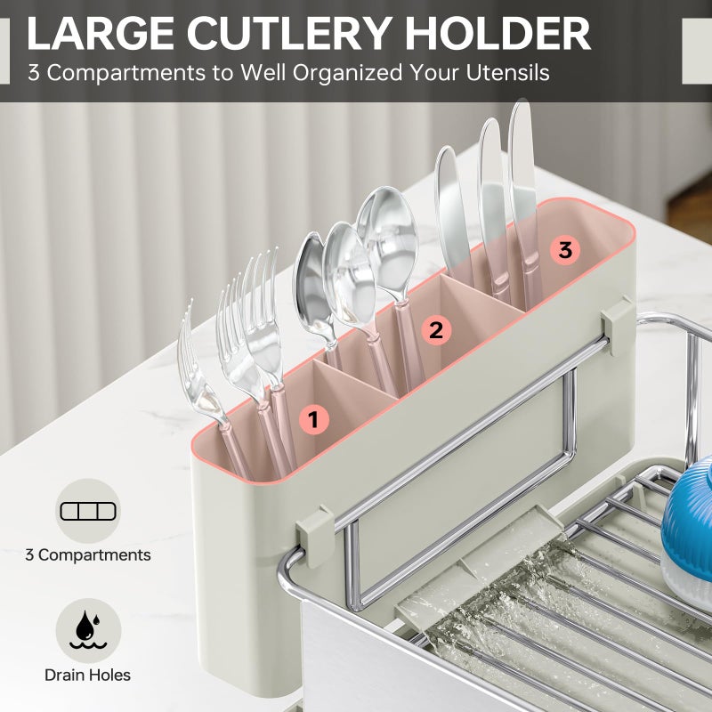 Urackify Stainless Steel Dish Drying Rack - Large Capcity 304 Grade Dish Drainer for Kitchen Counter with Drain Board, Utensil Holder & Detachable Cup Shelf, Rustproof Multifunctional Organizer, Light Green - Image 5