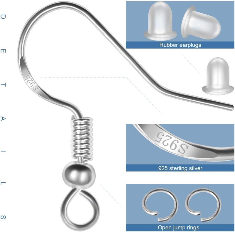 MENKEY 925 Sterling Silver Earring Hooks, 750PCS Earring Hooks Kit 250PCS/125Pairs Hypoallergenic Ear Wires with 250PCS Silver Open Jump Rings and 250PCS Rubber Backs Earwire for Jewelry Making - Image 3