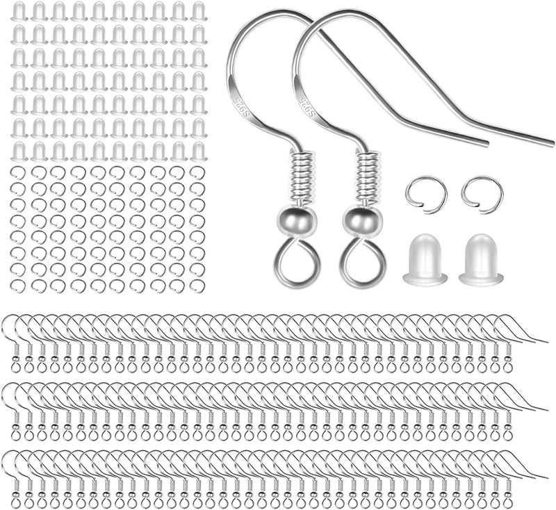 MENKEY 925 Sterling Silver Earring Hooks, 750PCS Earring Hooks Kit 250PCS/125Pairs Hypoallergenic Ear Wires with 250PCS Silver Open Jump Rings and 250PCS Rubber Backs Earwire for Jewelry Making - Image 1