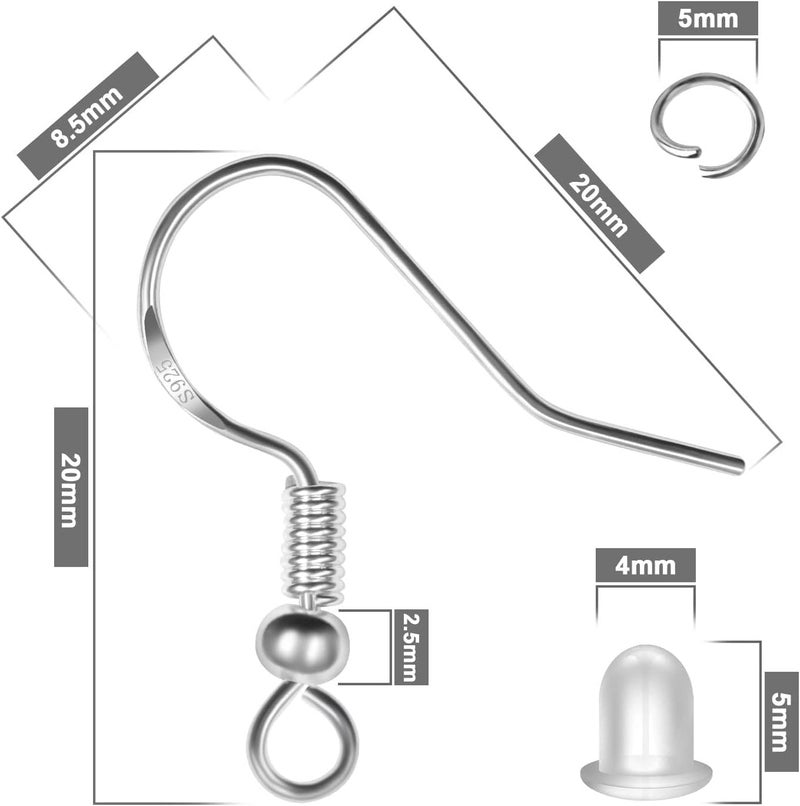 MENKEY 925 Sterling Silver Earring Hooks, 750PCS Earring Hooks Kit 250PCS/125Pairs Hypoallergenic Ear Wires with 250PCS Silver Open Jump Rings and 250PCS Rubber Backs Earwire for Jewelry Making - Image 2