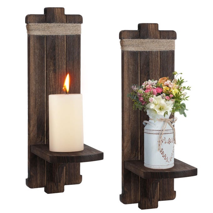FARMHOUSE WALL DECOR CANDLE SCONCES 2 PCS VINTAGE RUSTIC HANDMADE WOODEN WALLMOUNT CANDLE HOLDERS FOR BEDROOM LIVING ROOM BATHROOM HOME HANGING ART DECORATIONS ACCESSORIES GIFTS BROWN