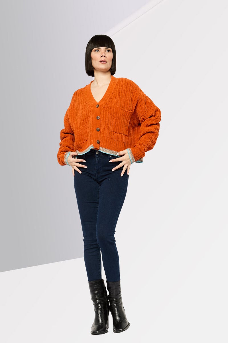 DIESEL Women V-Neck Knitted Button Front Cardigan, Burnt Orange  - Image 2