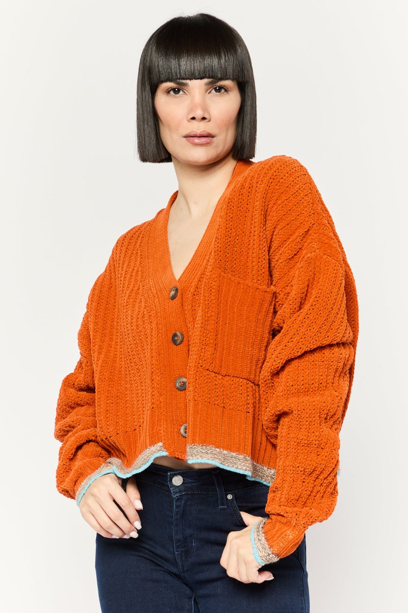 DIESEL Women V-Neck Knitted Button Front Cardigan, Burnt Orange  - Image 1