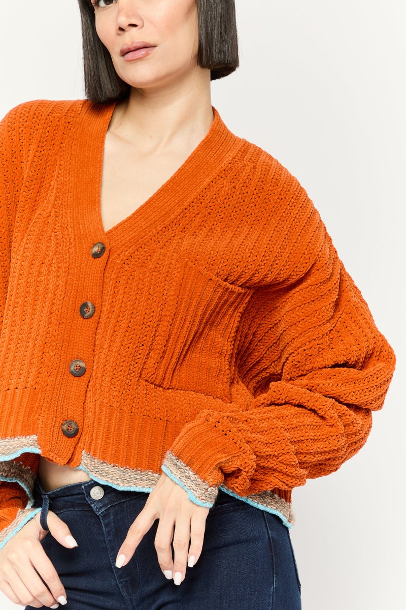 DIESEL Women V-Neck Knitted Button Front Cardigan, Burnt Orange  - Image 3