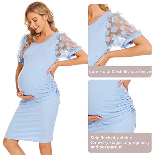 LAHILO Floral Mesh Bishop Short Sleeve Maternity Midi Dress, Summer Maternity Bodycon Dress for Baby Shower - Image 5