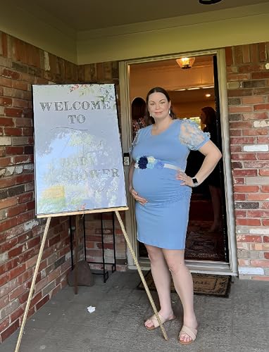 LAHILO Floral Mesh Bishop Short Sleeve Maternity Midi Dress, Summer Maternity Bodycon Dress for Baby Shower - Image 3