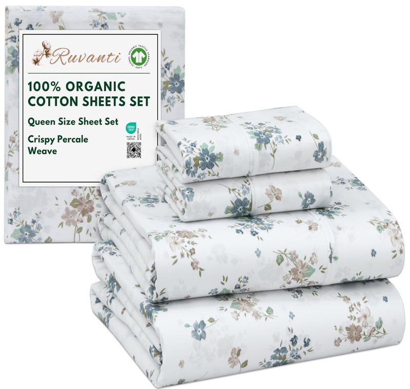 RUVANTI 100 Organic Cotton Sheets Queen Size Percale Weave GOTS Certified 4Piece Set Deep Pocket 15 Crisp Breathable Soft Durable Bedding Sbanas Algodn Orgnico Halcyon