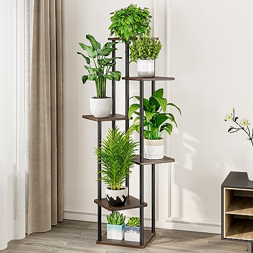 AZERPIAN Plant Stand 6 Tier Indoor Metal Flower Shelf for Multiple Plants Corner Tall Flower Holders for Patio Garden Living Room Balcony Bedroom, Black Oak - Image 2