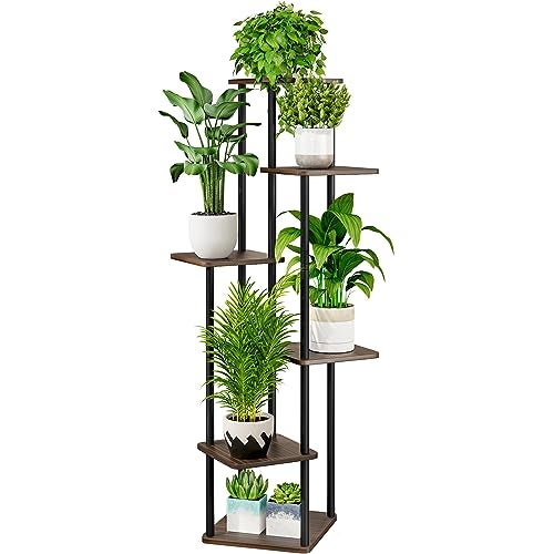 AZERPIAN Plant Stand 6 Tier Indoor Metal Flower Shelf for Multiple Plants Corner Tall Flower Holders for Patio Garden Living Room Balcony Bedroom, Black Oak - Image 1