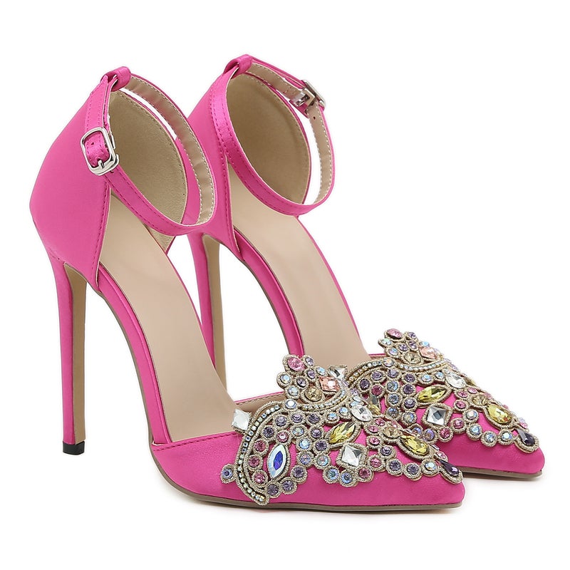 2023 Heavy Craft Rhinestone Spring Colorful Satin Comfortable Pointed One-Toe Shoes With 12Cm Thin High-Heeled Shoes - Image 1