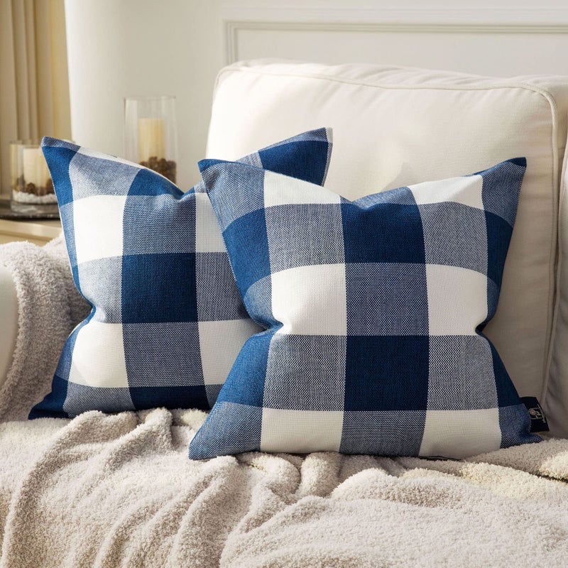 Phantoscope Pack of 2 Gingham Buffalo Check Plaid Throw Decorative Pillow Cover Outdoor Indoor Throw Pillows Farmhouse Square Pillow Cases for Home Decor Navy Blue20 x 20 Inches