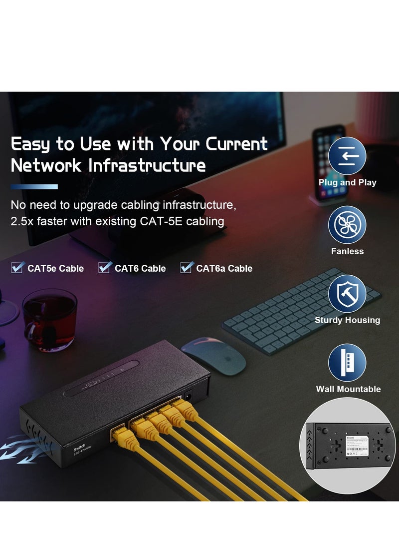 SYOSI 5-Port Gigabit Switch, 1 x 2.5 Gigabit and 4 x 1 Gigabit Ethernet RJ-45 Ports, Metal Fanless, Desktop and Wall Mount, Unmanaged Plug & Play Network Switch for Home, Office - Image 4