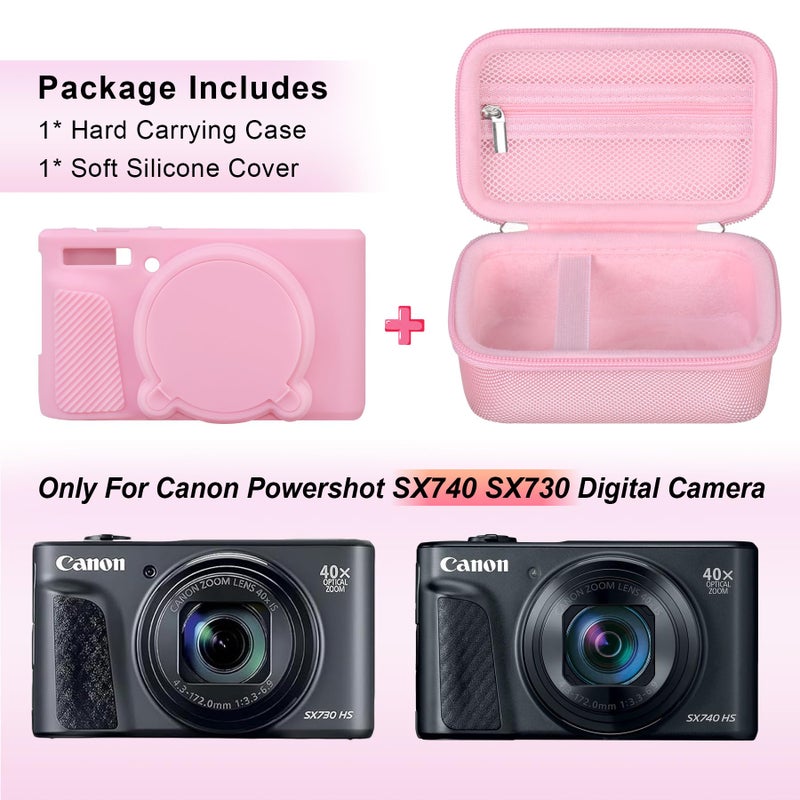Canboc Case for Canon PowerShot SX740/SX730, Hard Carrying Case + Soft Silicone Protective Cover with Removable Lens Cover, Pink - Image 2