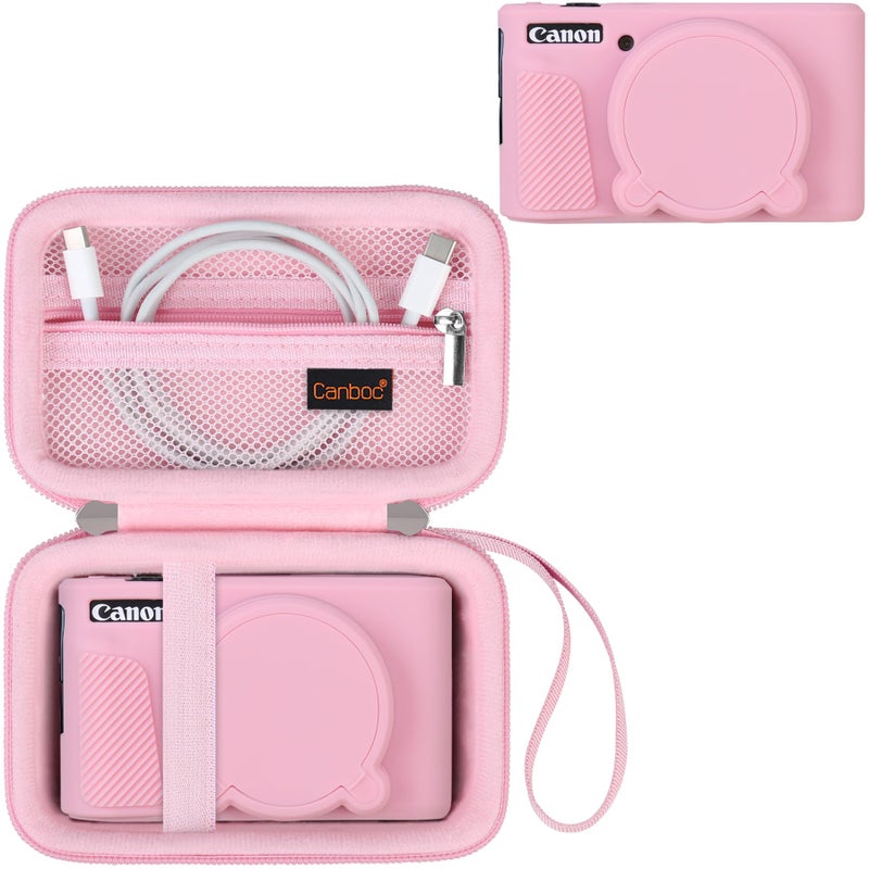 Canboc Case for Canon PowerShot SX740/SX730, Hard Carrying Case + Soft Silicone Protective Cover with Removable Lens Cover, Pink - Image 1