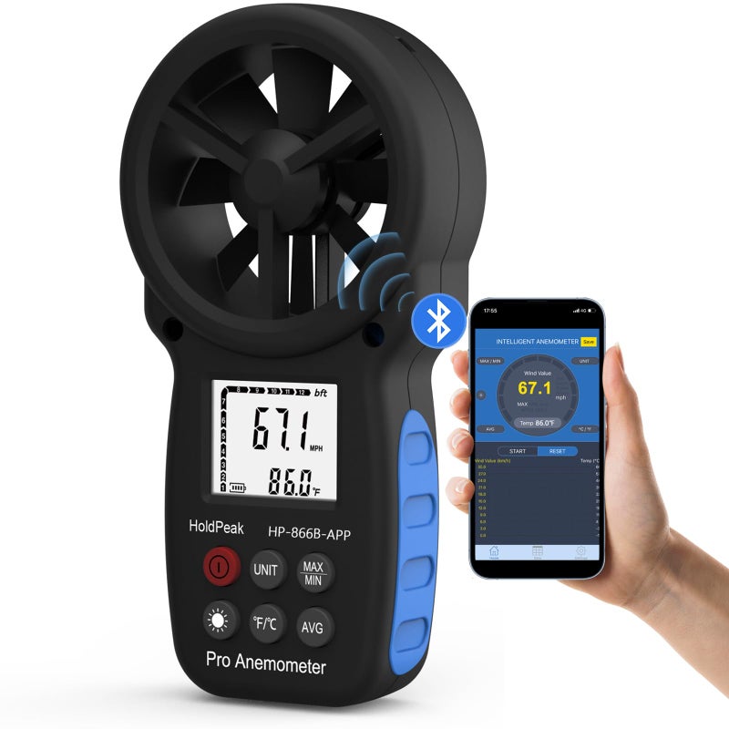 H HOLDPEAK HoldPeak Handheld Anemometer Bluetooth Digital Wind Speed Gauge Meter Air Flow Velocity Temperature CFM Measuring Device for HVAC Outdoor Sailing Shooting Golf 866BAPP - Image 2